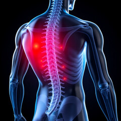 Anatomical view of human back with spine highlighted in red indicating pain points and inflammation areas created with generated ai