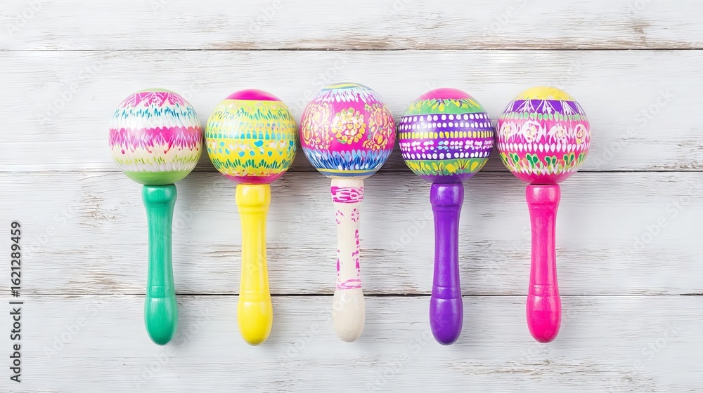 Poster colorful maracas arranged in a row on a rustic wooden surface, showcasing intricate patterns and vib