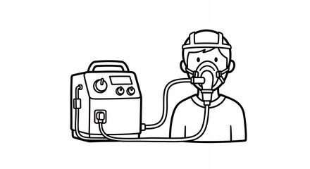 Detailed Black and White Line Art of Person with Oxygen Mask Connected to Medical Ventilator Machine Drawing in Minimalist Style and Clean Design Illustration on White Background, Perfect for Medical