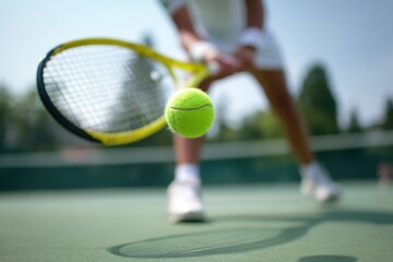 Close-up of a tennis player serving the ball, captured from behind with a blurred background The focus is on their hand holding and throwing the green tennis ball in motion Generative AI