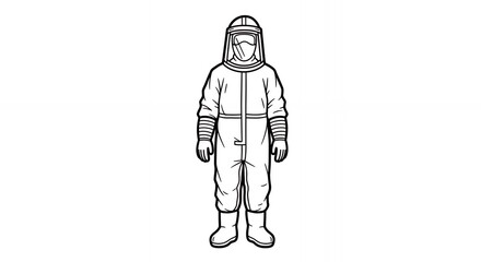 Detailed Black and White Line Art of PPE Hazmat Suit a Protective Gear Standing with White Background Representing Safety and Health, Perfect for Medical Illustrations and Design Concepts