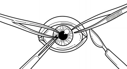 Detailed Black and White Medical Illustration of Eye Surgery Procedure with Surgical Tools in Action, Hand Drawn Sketch Style for Ophthalmic Education and Decoration, Minimal Line Art