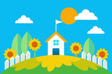 Rural summer landscape with a village and a small cottage on a hill