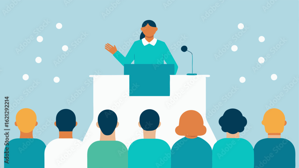 Poster accessibility event a speaker at a podium addressing a crowd with participants using braille display