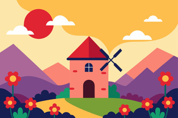 Fototapeta premium A charming vector illustration of a peaceful rural landscape with a castle and houses under a clear summer sky