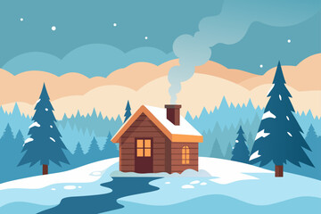 Fototapeta premium A beautiful winter landscape illustration with a cozy house and snow-covered mountains, perfect for a Christmas holiday card