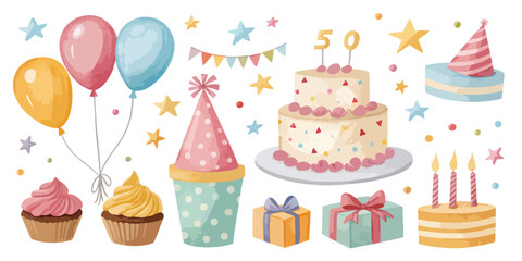 Birthday Watercolor Clipart Set – Balloons, Cakes & Candles