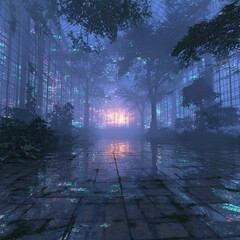 Obraz premium Mystical Glasshouse Garden Path at Dusk