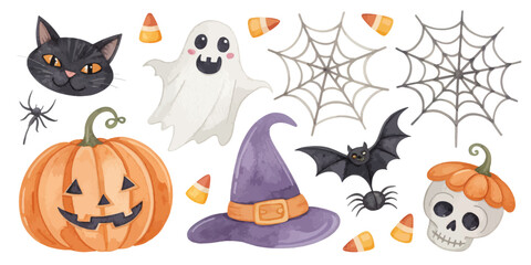 Halloween Watercolor Elements – Pumpkins, Ghosts, and Bats Set