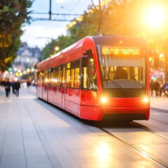 Red tram in city at sunset