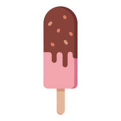 A delicious pink strawberry ice cream bar covered in rich chocolate with crunchy nuts and dripping down the sides isolated on white background