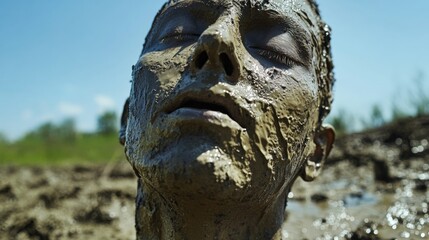 Sensual face in close-up, covered in wet mud. Mud on the skin creates a textural pattern of nature's elements.