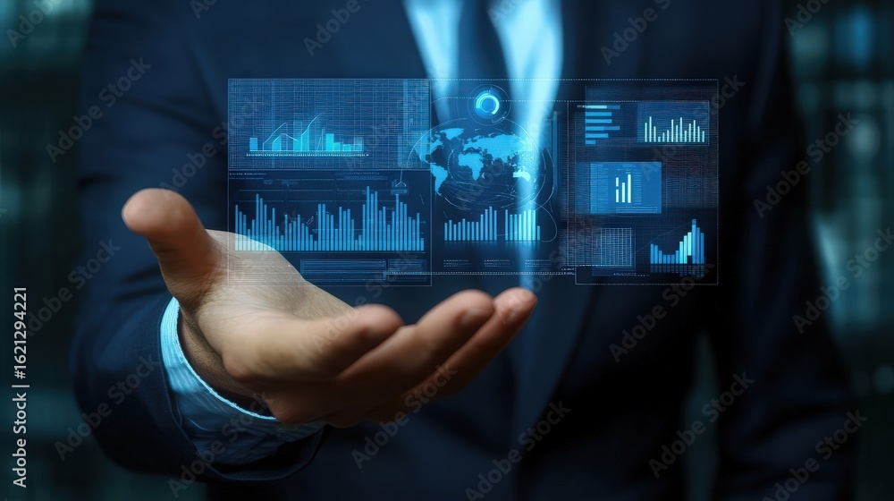Poster hand holding a holographic display of data visualizations.