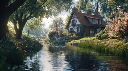 Charming Cottage by a Serene Stream Surrounded by Lush Greenery and Colorful Flowers
