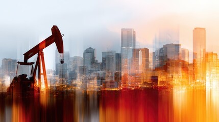 Industrial oil pumpjack extracts crude petroleum, supplying vital energy fuel for busy modern city. Urban buildings glow with power, reflecting hydrocarbon reliance.