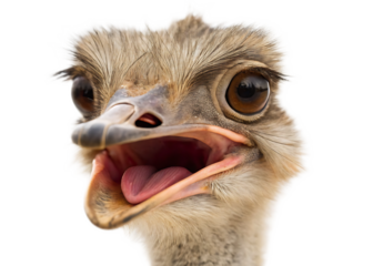 Close up shot of an ostrich head with an open beak and big eyes on a black background looking straight
