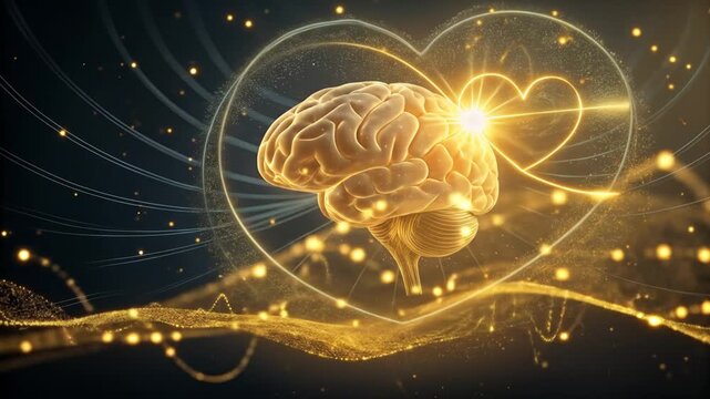Sparkling brain animation with heart shape for mental health awareness, innovative science and technology, golden glowing neural activity