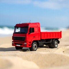 Red truck on sandy beach