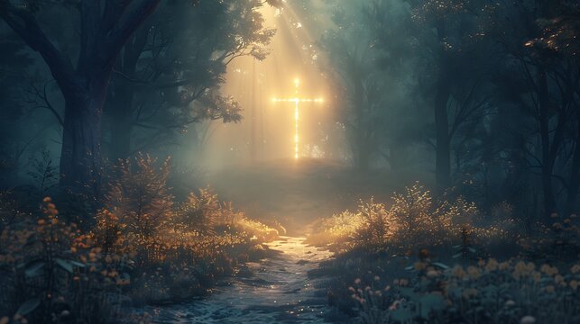 sun shining through the forest