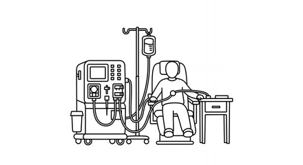 Dialysis Machine Connected to Patient Black and White Line Art Illustration for Medical Education Kidney Disease and Renal Therapy with Minimalistic Design, hand, drawn, sketch, line art