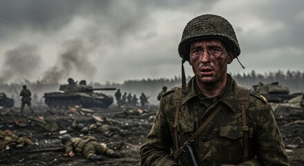 Gritty and emotional close-up of a terrified, mud-splattered soldier on a chaotic battlefield with tanks and other soldiers in the background.