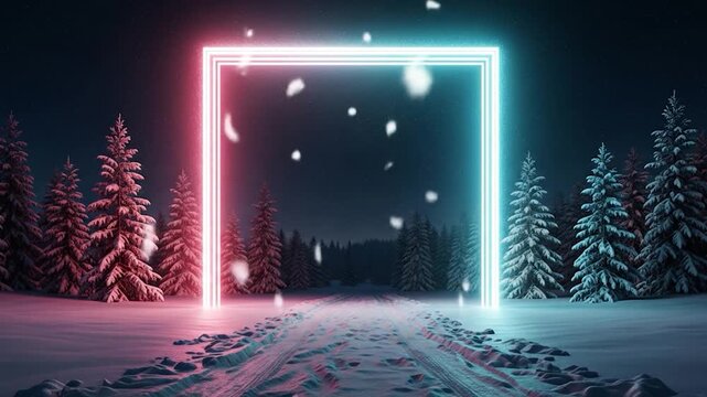 Neon Portal in Winter Wonderland: Snowfall, Forest, and Glowing Frame