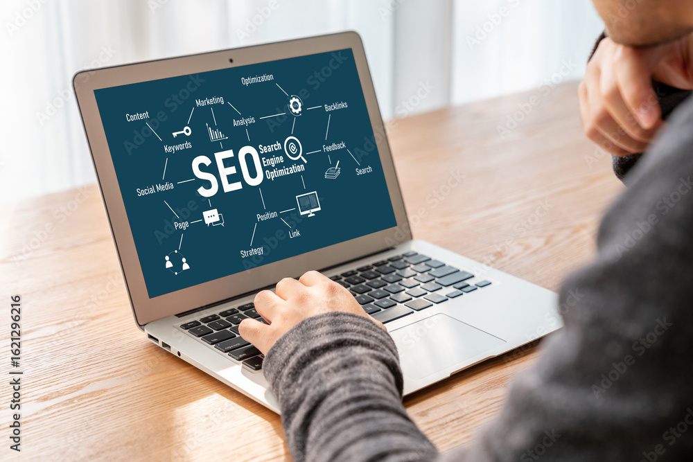 Poster seo search engine optimization for modish e-commerce and online retail business showing on computer 