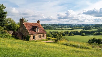 Obraz premium Charming cottage in lush landscape. Beautiful view of green fields and hills surrounds the serene country home.