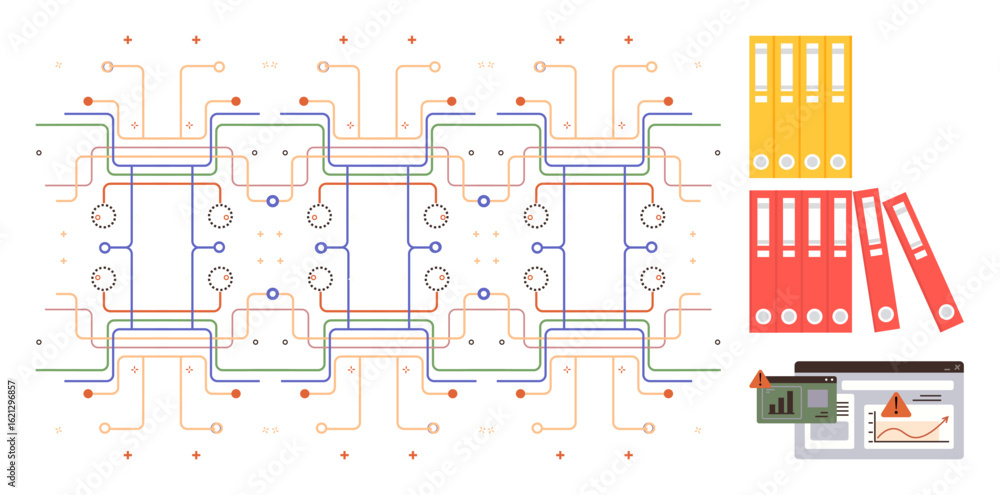 Poster circuit board design interconnected with folders, documents, and charts. ideal for data processing, 