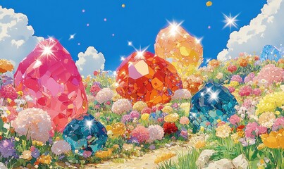 Sparkling gems in vibrant flower field, sunny day. Fantasy art for game, book, or poster
