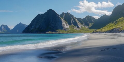 Sandy beach next to rocky cliff overlooking blue water and green grass