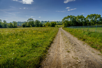 Gravel path through meadow with fence and light clouds