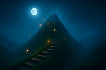 Stone Stairway Ascending Lush Green Hill in Fog