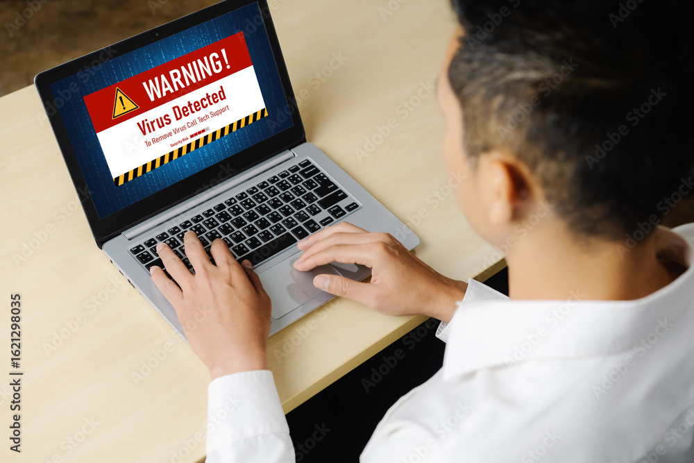Poster virus warning alert on computer screen detected modish cyber threat , hacker, computer virus and mal