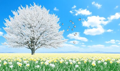 Spring blossoms, butterflies fly, daffodil field, sunny sky; nature scene