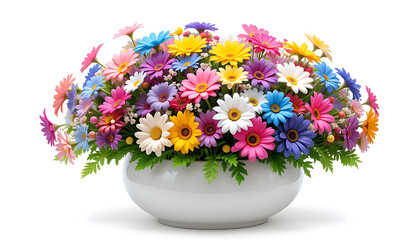 A vibrant bouquet of colorful daisy flowers in a white ceramic vase isolated on a white background.