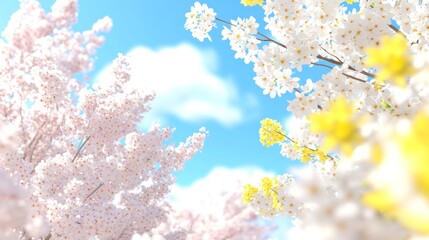 Spring blossoms under sunny sky, nature scene, idyllic background for websites, spring design