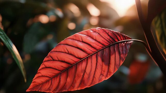 Vibrant red leaf glowing in the sunlight in a botanical garden
