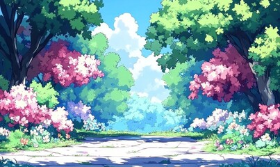 Spring path through blooming forest, sunny day, peaceful background, ideal for games or animation