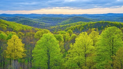 Spring sunset over Appalachian hills, vibrant foliage, panoramic view, nature wallpaper