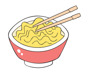 Red instant noodles bowl or ramen with chopsticks isolated vector illustration