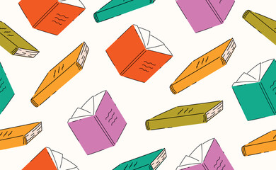 Hand drawn school stationery seamless pattern. Colorful book, children supplies, geometric elements for education, study, sticker, banner. Back to school background. Flat vector illustration.