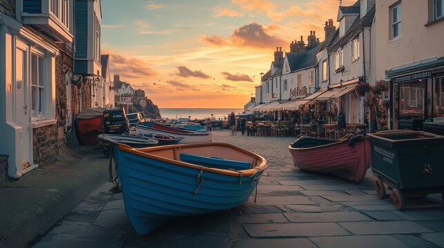 Charming coastal scene with boats by the shore at sunset in a quaint town. Peaceful waters and colorful boats create a warm atmosphere.