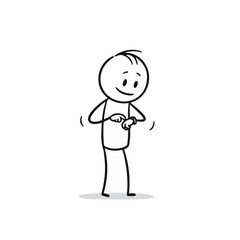 Stick figure character smiling and adjusting a watch against a plain white background, time management and personal development concept of lifestyle coaching or self-improvement