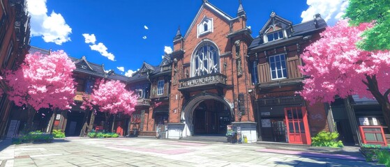 Springtime town square,cherry blossoms, brick building, sunny day, game background, website banner