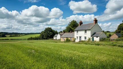 Obraz premium Charming countryside homes nestled in green fields under a bright blue sky with fluffy clouds.