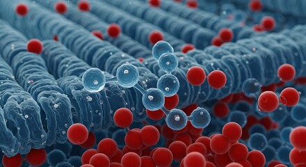 Obraz premium Artistic rendition of a lipid bilayer interacting with oxygen molecules, Blue lipid layer surrounded by a sea of oxygen molecules for science presentation
