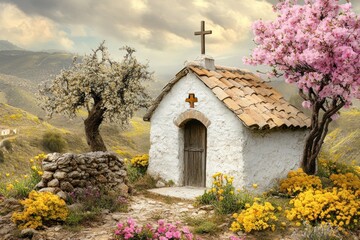 Springtime Hillside Chapel, Blossoming Flowers, Mountain View, Peaceful Retreat