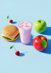 Colorful Fast Food Arrangement with Milkshake, Apples, and Cherry