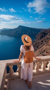 Woman in summer dress and hat admires Aegean sea view from balcony, showcasing beauty of Santorini island, Greece.  Travel, vacation, relaxation mood